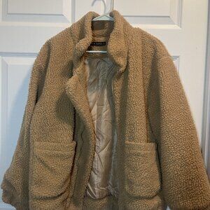 Fluffy Zip Up Winter Teddy Coat - Camel Brown M